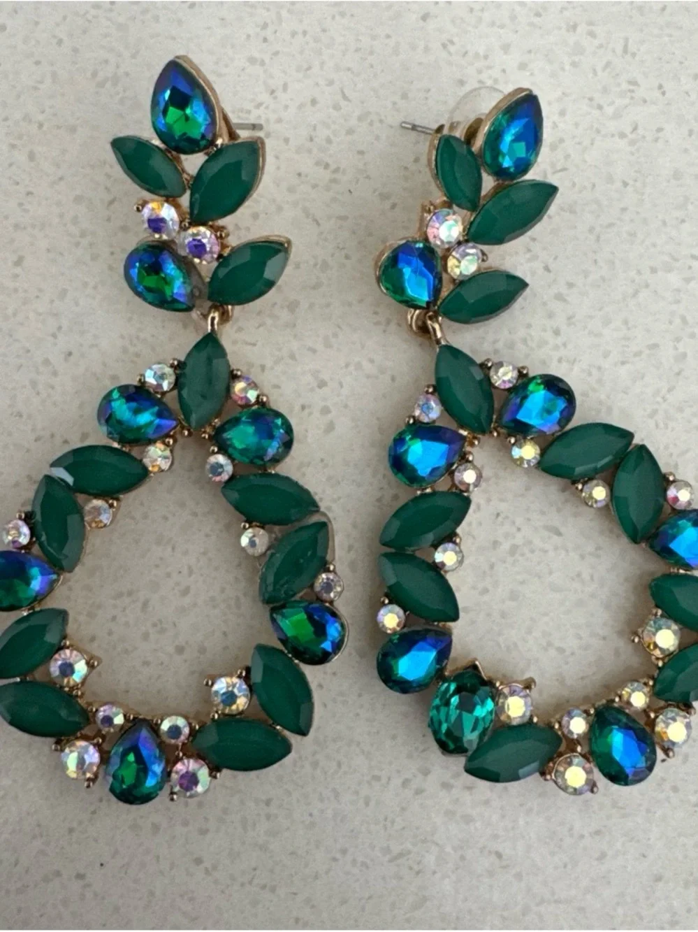 Emerald & Teal Crystal Teardrop Dangle Earrings